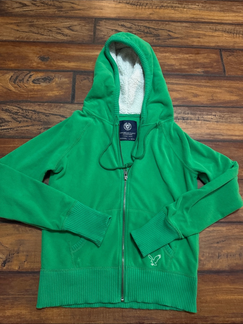 American Eagle Outfitters Green Zip Up Hoodie with Sherpa-Lined Hood